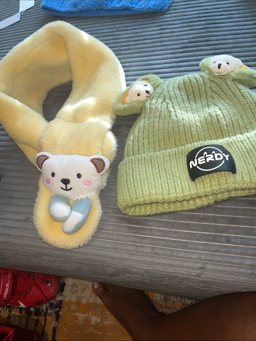 Green Knit Kids scarf /Hat with Bear-Ear Accents